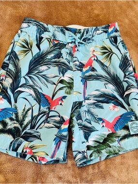 Abercrombie & Fitch Boy’s 9/10 Light Blue Tropical Parrot Swim Trunks Like new